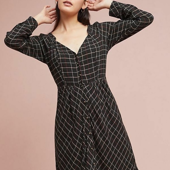 ANTHRO NWT Annie Plaid Midi Dress V-Neck Black 2 - Picture 2 of 4